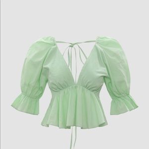 CIDER Green V-Neck Puff Sleeve Blouse